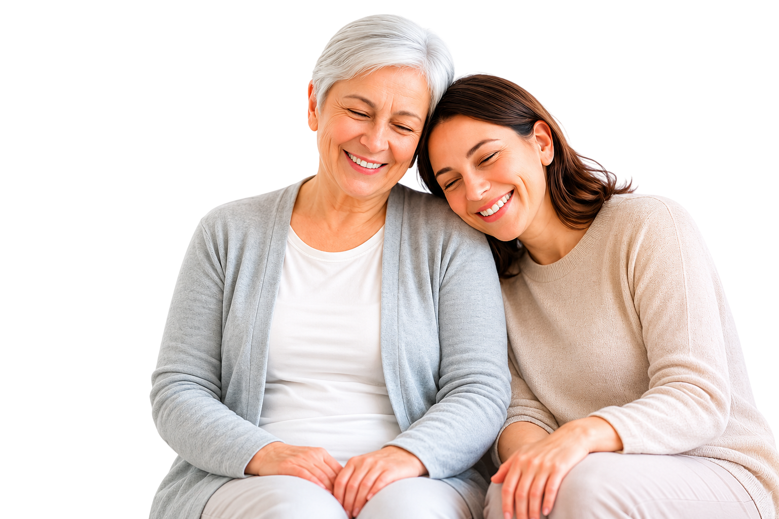 A younger woman and an older woman smiling together, representing family caregiving