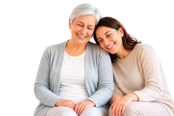A younger woman and an older woman smiling together, representing family caregiving